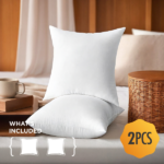 Versatile 22-inch square pillow insert set combines aesthetics with functionality. The full shape perfectly showcases cover designs while providing comfortable support. Neutral white easily coordinates with various decors, suitable for sofas, beds, lounge chairs and more. - Image 3