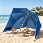 2-in-1 Portable Beach Umbrella with Side Panels UPF 50+ Silver Coated Oxford Cloth, Wind Resistant Vented Canopy with Sand Anchor Stakes Wind Ropes - Blue - Image 8