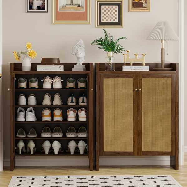 42.5" Tall Rattan Shoe Cabinet with Doors, 6-Tier Wooden Freestanding Shoe Storage Organizer with Adjustable Shelves, Mid-Century Entryway Shoe Cabinet for Hallway & Living Room--Walnut