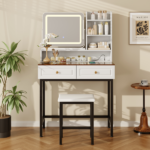 Makeup Vanity with LED Lighted Mirror, 360° Rotatable Mirror, Vanity Desk with 2 Drawers,Power Outlet and 3-Tier Shelves, Amber Glass Table Top, Dressing Table with Sturdy Metal Leg and Stool, White - Image 9