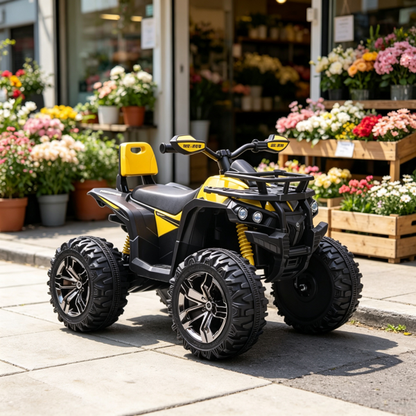 Yellow 12V Kids Electric ATV – Recharging Ride-on Quad with Realistic Headlights & Wide Traction Wheels