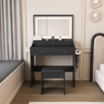 New Large Mirror Vanity Desk for Bed room , Modern Makeup Vanity Set with Power Outlet and Hair dryer holder, 5 Drawers , 3 Lighting Color Adjustable Dressing Table for Bedroom, Black Color