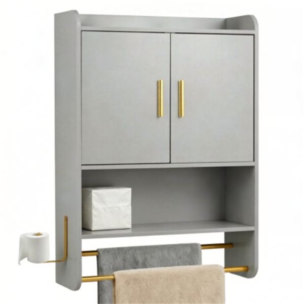 01169045_1 Gray Wall Mounted Bathroom Storage Cabinet with Towel Rack & Side Hook, Over Toilet Medicine Cabinet with Adjustable Shelf, Gold Handle Floating Bathroom Organizer - Image 1