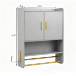 Gray Wall Mounted Bathroom Storage Cabinet with Towel Rack & Side Hook, Over Toilet Medicine Cabinet with Adjustable Shelf, Gold Handle Floating Bathroom Organizer - Image 3