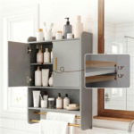 Gray Wall Mounted Bathroom Storage Cabinet with Towel Rack & Side Hook, Over Toilet Medicine Cabinet with Adjustable Shelf, Gold Handle Floating Bathroom Organizer - Image 5