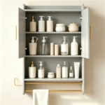 Gray Wall Mounted Bathroom Storage Cabinet with Towel Rack & Side Hook, Over Toilet Medicine Cabinet with Adjustable Shelf, Gold Handle Floating Bathroom Organizer - Image 6