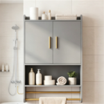 Gray Wall Mounted Bathroom Storage Cabinet with Towel Rack & Side Hook, Over Toilet Medicine Cabinet with Adjustable Shelf, Gold Handle Floating Bathroom Organizer - Image 7