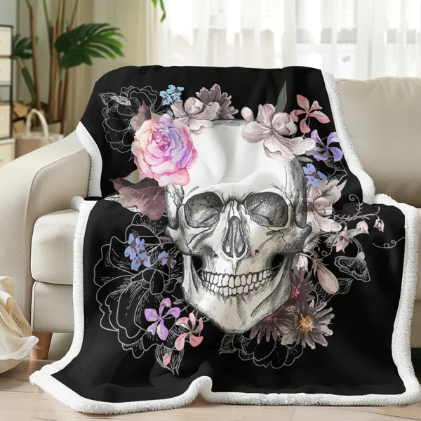 1 pc Floral Skull Throw Blanket, Gothic Sugar Skull with Watercolor Flowers Blanket, Black Background Cozy Sherpa Blanket, Day of the Dead / Halloween Decor, Soft Plush Blanket for Couch Bed Sofa temu can only be self-picked up