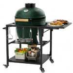 Outdoor Grill Table for Big Green Egg Style BBQ, Heavy Duty Metal Cart Prep Table with Wheels, Storage Shelf, Hooks and Removable Central Cover, Compatible with Large Big Green Egg Grill - Image 2