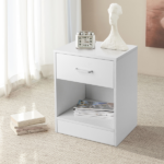 1-Drawer Bedside Table with Open Storage Space 2pcs Particleboard with Textured Melamine Surface Storage Cabinet 15.75*11.81*19.69in White