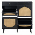 Rattan shoe cabinet with 2 drawers and 4 flip-tops, made of particleboard, 105*24*110cm, black - Image 9