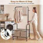 3-in-1 Rolling Clothes Rack with Storage Basket & Hooks, Metal Garment Rack for Laundry Bedroom - Black - Image 9
