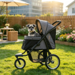 Gray 3-Wheel Pet Stroller – for Small & Medium Dogs, Adjustable Canopy, Safety Tether, Storage Basket