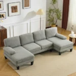 U-Shaped Convertible Sectional Sofa with 2 Short Chaise Lounges, 4-Seater Modular Chenille Fabric Couch with Plastic Legs, 111.4" L x 48.4" D x 33.1" H Indoor Living Room Combination Sofa, Grey Blue - Image 2