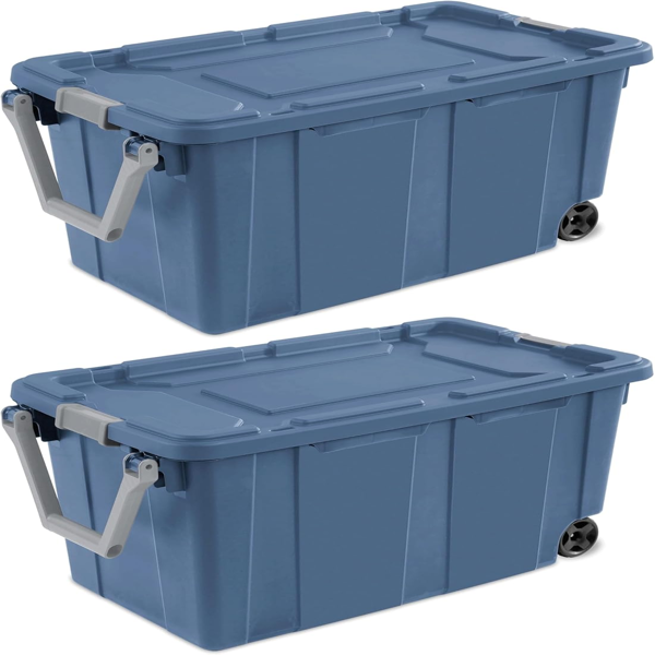 40 Gallon Durable Plastic Storage Tote with Latching Lid and Pull Handle, Blue, 2 Pack (Shipment from Walmart)