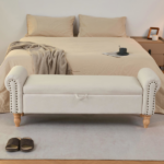 Storage Ottoman Bench, Fabric Benches End of Bed Bench with Solid Wood Legs Upholstered Ottoman Bench with Storage Indoor Bench for Living Room with Rolled Arm, Entryway, Beige