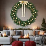 60in Pre-lit Christmas Wreath, Lighted Artificial Xmas Wreath with 220 Warm White Lights and 600 PVC Tips and DIY Ornaments, for Front Door Gate Wall Xmas Party Decorations, Light Green & Golden - Image 8