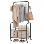 3-in-1 Rolling Clothes Rack with Storage Basket & Hooks, Metal Garment Rack for Laundry Bedroom - Black