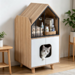 Natural & White Hidden Cat Litter Box Furniture, Elevated Cat Lounge Top Enclosed Cat Washroom Cabinet with Raised Legs for Living Room Bedroom Apartment - Image 3