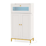 White + Gold Kitchen Pantry Cabinet, Built-in Charging Station (AC/USB/Type-C) & Customizable LED Lights - Image 3