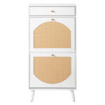 Rattan-front shoe cabinet with 1 drawer and 2 flip-down compartments, particleboard, 54*24*110cm, white - Image 2