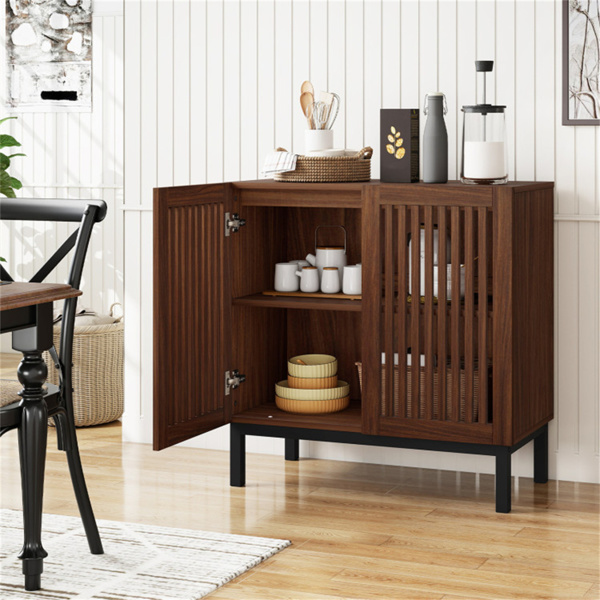 02984169_1 32" Buffet Sideboard Cabinet with 2 Doors, Farmhouse Storage Cabinet (Walnut + Black) with Adjustable Shelf - Image 1