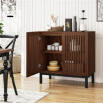 32" Buffet Sideboard Cabinet with 2 Doors, Farmhouse Storage Cabinet (Walnut + Black) with Adjustable Shelf - Image 2