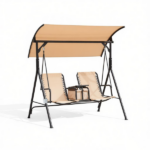 Beige 2-Seat Porch Swing with Adjustable Canopy, Built-in Storage Table & Cup Holders for Backyard - Image 2
