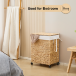 100L 2-Section Laundry Hamper with Lid and Wheels, Woven Natural Water Hyacinth Rolling Laundry Hamper - Image 7