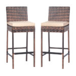 Set of 2 Patio Wicker Barstools, Outdoor Bar Height Chairs with Seat Cushions & Footrests for Patio Porch Backyard Living Room Balcony, Brown Gradient Rattan & Beige Cushion - Image 4