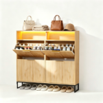 (Do Not Sale on Amazon) 4-Compartment Flip-Up Drawer Shoe Cabinet with Grilles and 2 Drawers LED Light Strip Iron Legs Particleboard Cabinet Body MDF Grille Door Iron Legs Shoe Cabinet 47.24*9.45*44.65in Oak - Image 4