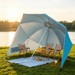 2-in-1 Portable Beach Umbrella with Side Panels UPF 50+ Silver Coated Oxford Cloth, Wind Resistant Vented Canopy with Sand Anchor Stakes Wind Ropes - Turquoise - Image 2