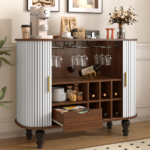 39" Fluted Liquor & Coffee Bar Cabinet with 6 Wine Racks and 3 Glass Holders, Mid-Century Modern Bar Cabinet with A Large Storage Drawer ,4 Hidden Storage Space on the Side , White - Image 21