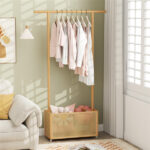 2-in-1 Bamboo Clothing Rack with Rolling Wheels & 60L Storage Basket - Image 4