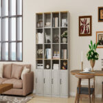 72" Tall Slim Storage Cabinet, 6-Tier Narrow Freestanding Bathroom Cabinet with 1 Door and 2 Adjustable Shelves, Bookcase Display Storage Shelves, Cube CD DVD Storage Cabinet-Antique White - Image 12