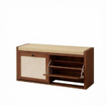 Brown Entryway Shoe Storage Bench – Padded Seat with 2 Rattan Doors for Hidden Shoe Storage - Image 2
