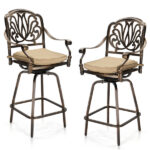 Outdoor Swivel Bar Stools Set of 2, Cast Aluminum Patio Bar Height Chairs, All-Weather Bar Dining Chairs Outdoor Swivel Chairs Furniture (Elizabethan Back)