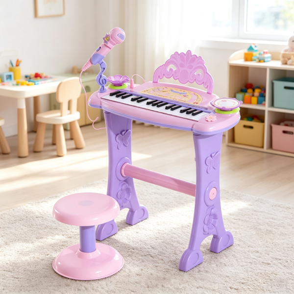 Pink 32-Key Kids Toy Piano: Princess Style with Stool, MP3, Record, Flashing Lights & Microphone