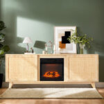 70" Oak Finish Low-Profile Fireplace TV Stand with 2 Doors & Rattan Front for 18" Insert - Image 7