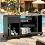 59 Inch Multi-Use Outdoor BBQ Grill Prep Table with Removable Storage Shelves, 8 Rolling Lockable Wheels Heavy Duty Metal Grill Cart Stainless Steel Countertop Ventilated Cabinet 880 LBS Total Capacity Black Silver - Image 10