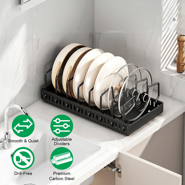 Adjustable Carbon Steel Sliding Cookware Storage Rack, Anti-Rust Pull Out Pan Lid Holder for Cutting Boards Baking Sheets Bakeware-black