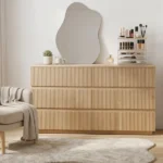 Handleless 6-Drawer Dresser with Grille Finish P2 Particleboard + MDF & Melamine Veneer + Vacuum-Formed Storage Cabinet 55.12*15.75*27.95in Oak - Image 15
