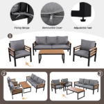 GO 4-Piece Outdoor Furniture Sofa Set for 5 People with Acacia Wood Armrests, Patio Conversation Set with Removable Cushion and Solid Wood Coffee Table for Garden, Grey - Image 8
