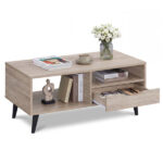 36.5" Rustic Coffee Table with Drawer & Open Shelves, Engineered Wood Center Table for Living Room Natural - Image 3