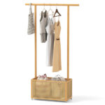 2-in-1 Bamboo Clothing Rack with Rolling Wheels & 60L Storage Basket