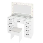 Vanity Desk Set with Large Lighted Mirror and Powre Outlet, Glass Top Makeup Vanity with 9 Drawers, Vanity Table with 12 LED Lights, 3 Lighting Color Adjustable, White - Image 4