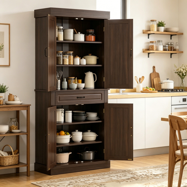 71" Freestanding Kitchen Pantry Cabinet with 4 Doors 2 Large Storage Cabinets And an Additional Drawer for Coffee & Kitchen Supplies
