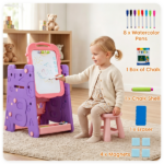 Pink 3-in-1 Kids Double Sided Art Easel, Magnetic Whiteboard & Chalkboard Standing Drawing Board with Adjustable Height Angle, Storage Tray Book Rack Complete Painting Accessories PP Play Easel Gift - Image 7