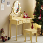 Kids Vanity Set with Mirror and Lights and Stool, 5 Storage Drawers, Pretend Play Princess Makeup Desk Dressing Table and Stool Set for Little Girls Age 3+, Macaroon Orange - Image 4