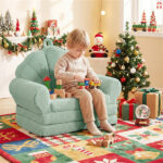 2-in-1 Flip Open Kids Sofa Lounger, Teddy Fleece Toddler Couch with Carry Handle for Ages 3+ (Green) - Image 4